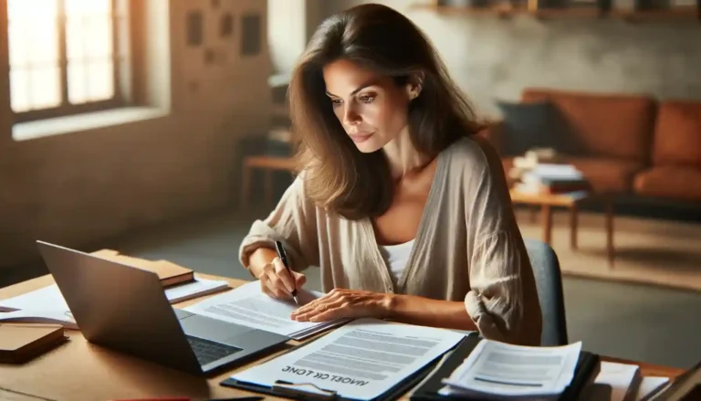 Woman in her mid 30s working on her laptop writing a grant proposal, surrounded by her research material